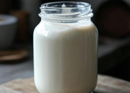 Glass jar of grass-fed beef dripping on a wooden cutting board with a blurred background